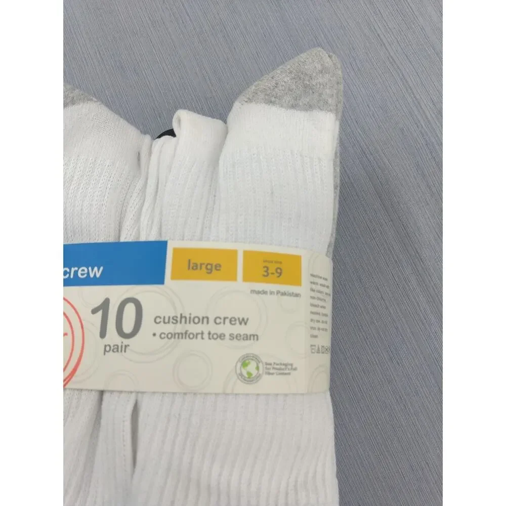 BOYS CUSHION CREW SOCKS LG 3-9 NEW WHITE 10 PAIRS Wonder Nation